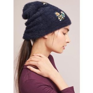 Anthropologie Sleeping On Snow Blue Fuzzy Embroidered Embellished Gem Beanie